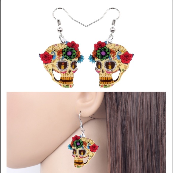 Floral Rose Skull Candle Eyes Acrylic Earrings - Picture 3 of 6